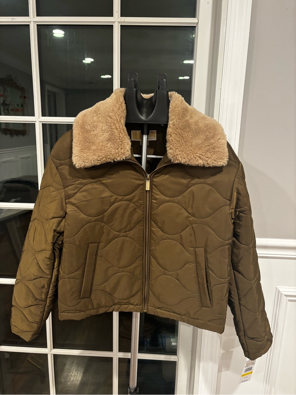MICHAEL Michael Kors Olive Quilted Jacket with Tan Faux-Shearling Collar